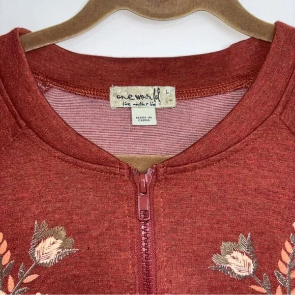 ONE WORLD Women's Large Rust Brick Red Stamped Jacket - Picture 5 of 8